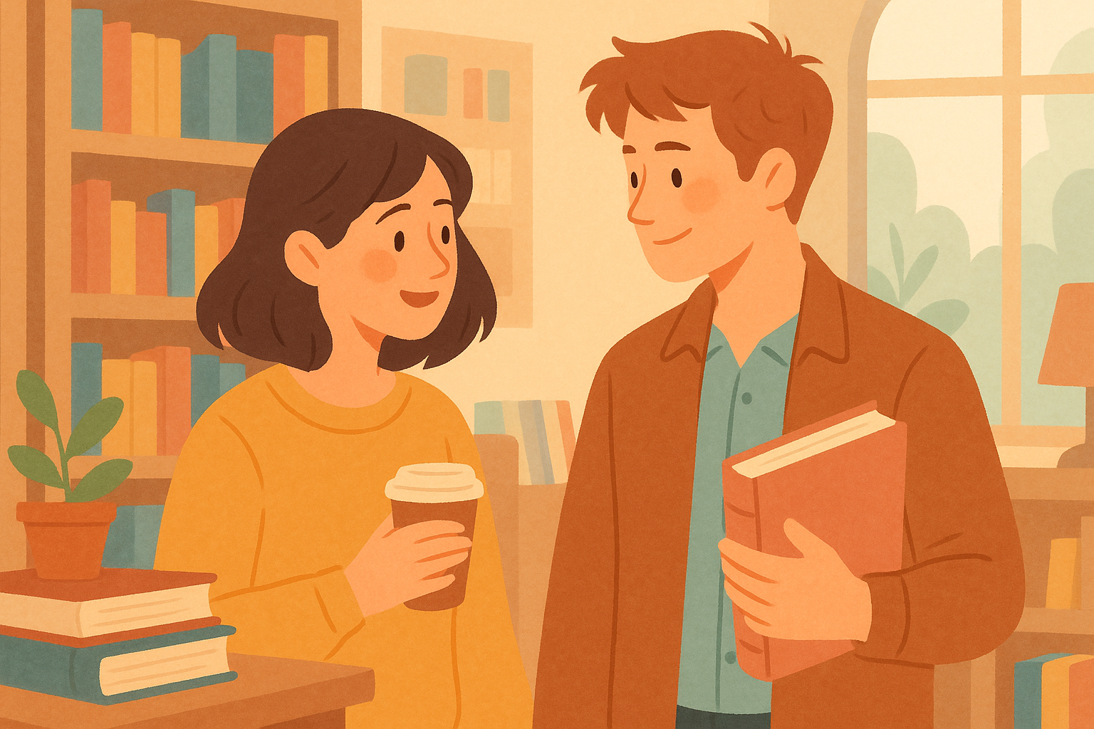 Two people meeting unexpectedly in a cozy bookstore