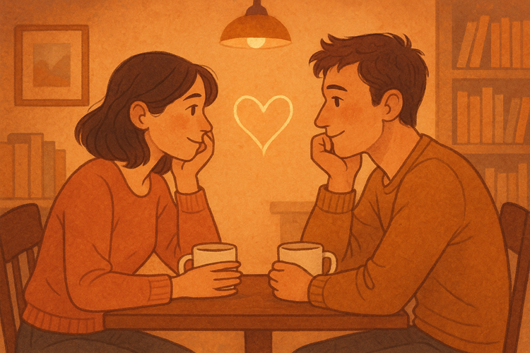 Two people laughing together over coffee, suggesting natural chemistry